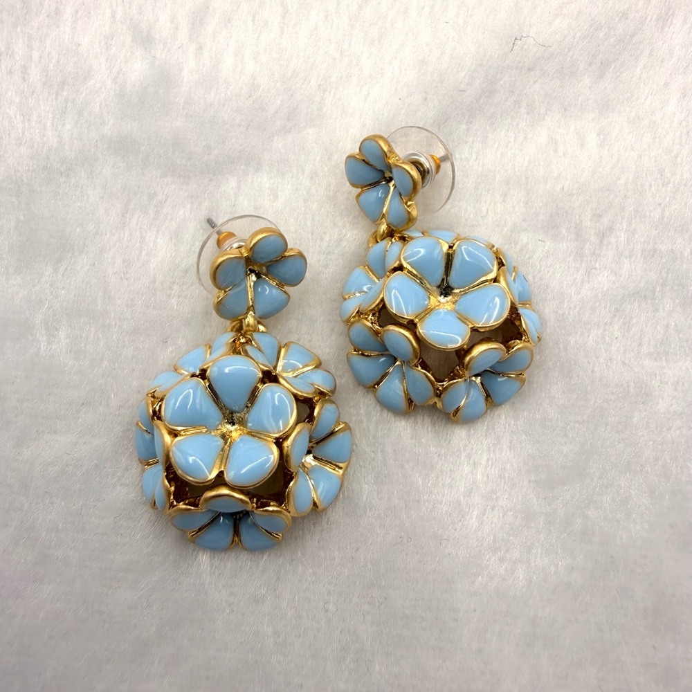 Oscar de la Renta Gold and Light Blue Floral Earrings